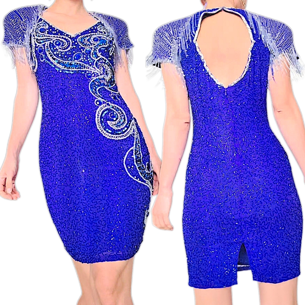 Vintage Jacqueline Ferrar Royal Blue Silk Beaded Sequin Fringe Dress Size 12